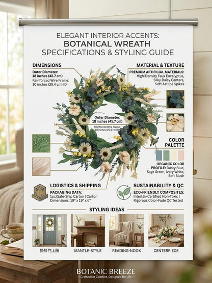 Wholesale 18" Artificial Cream Daisy & Eucalyptus Wreath