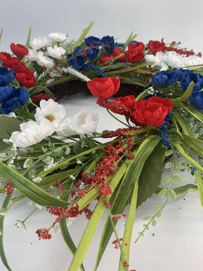 18" Artificial Patriotic Red, White, and Blue Floral Wreath