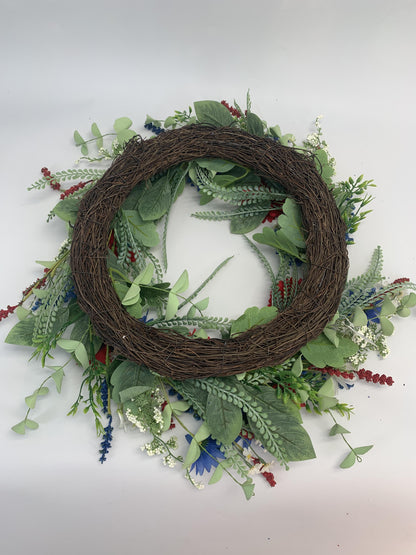 18" Artificial Patriotic Red, White, and Blue Floral Swag Wreath