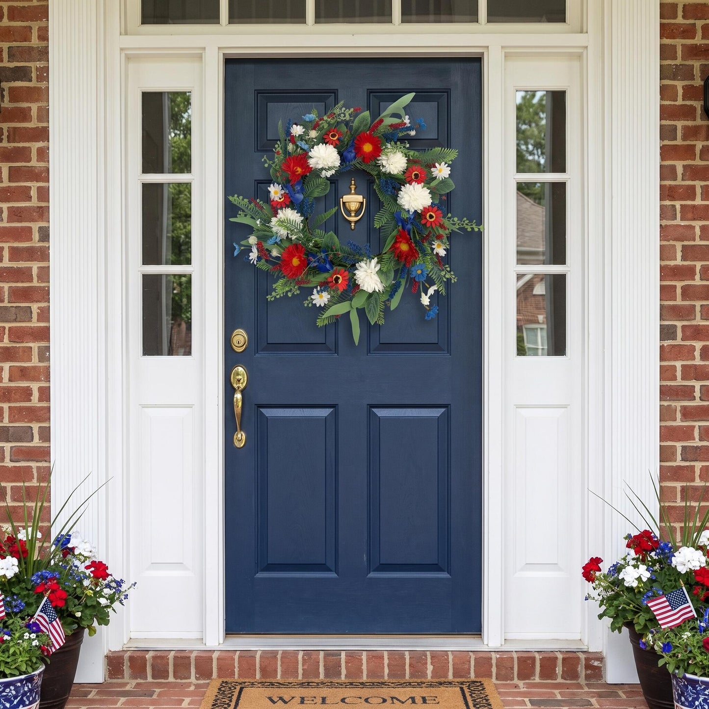 18" Artificial Patriotic Red, White, and Blue Floral & Fern Wreath