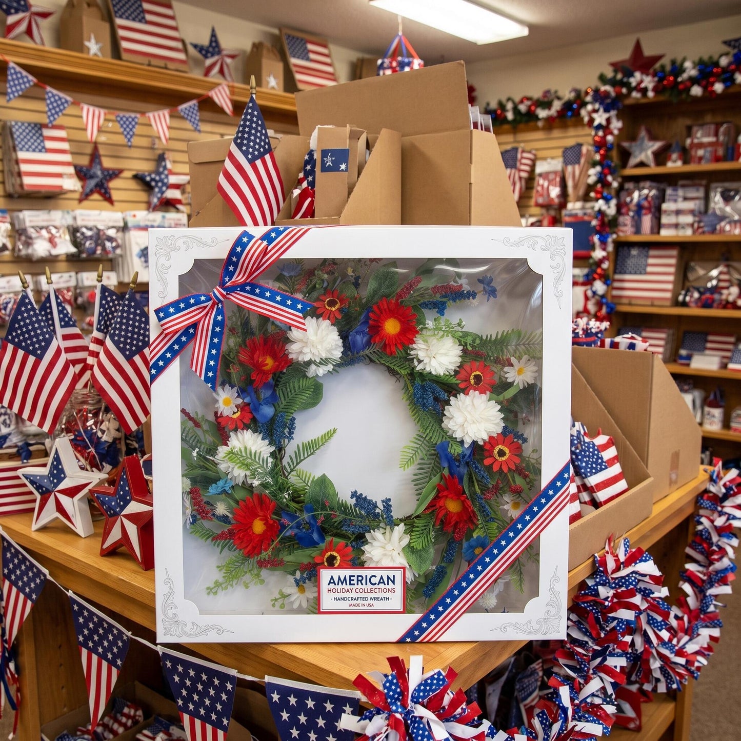 18" Artificial Patriotic Red, White, and Blue Floral & Fern Wreath