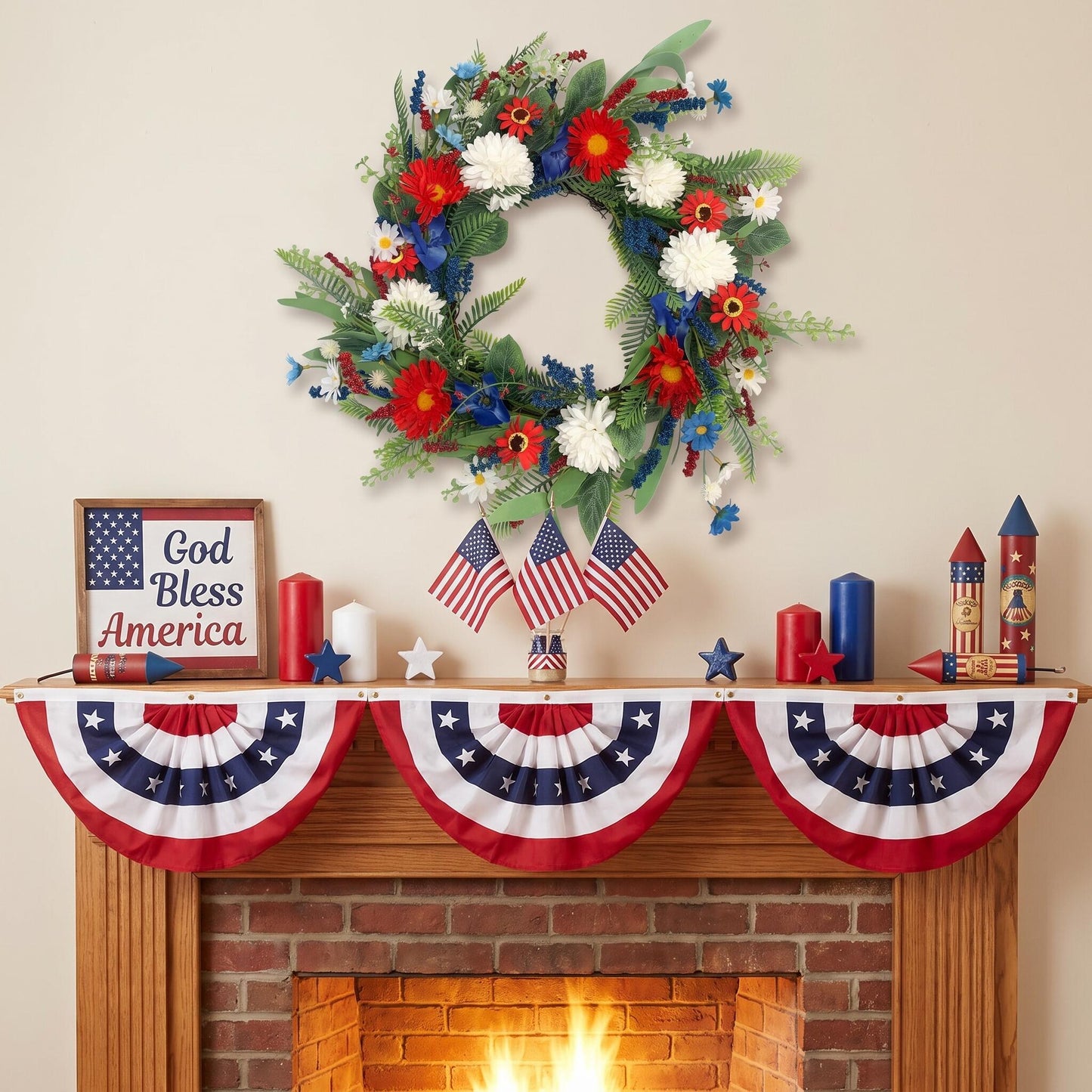 18" Artificial Patriotic Red, White, and Blue Floral & Fern Wreath