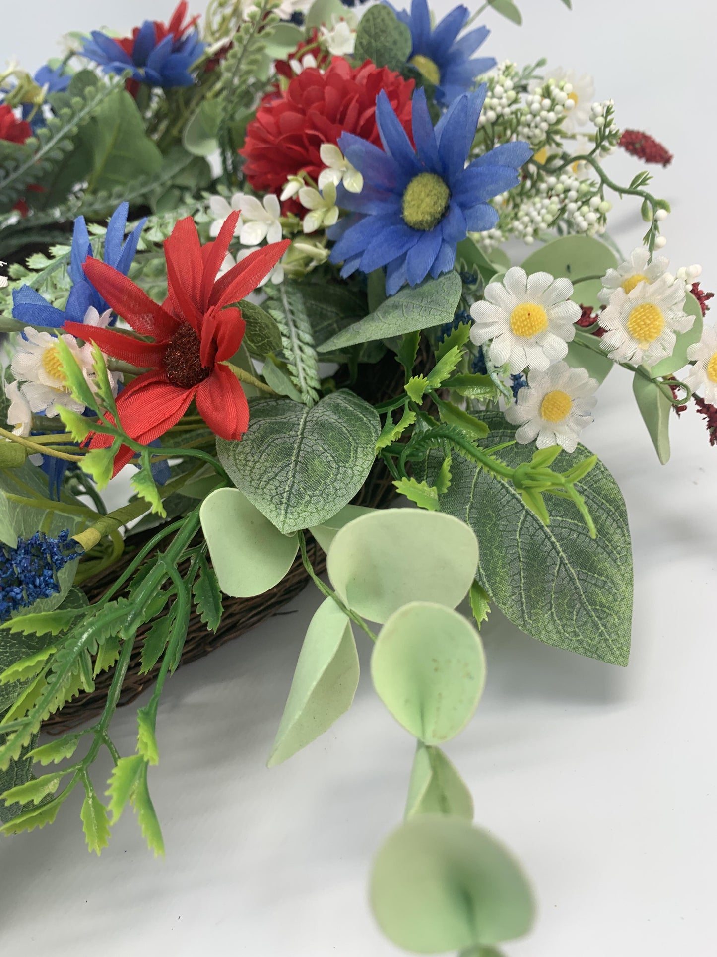 18" Artificial Patriotic Red, White, and Blue Floral & Fern Wreath
