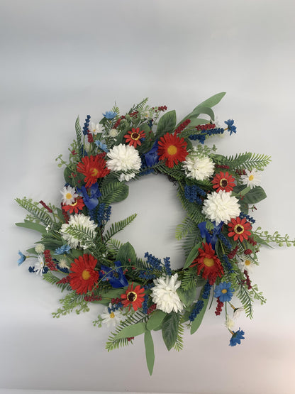 18" Artificial Patriotic Red, White, and Blue Floral & Fern Wreath