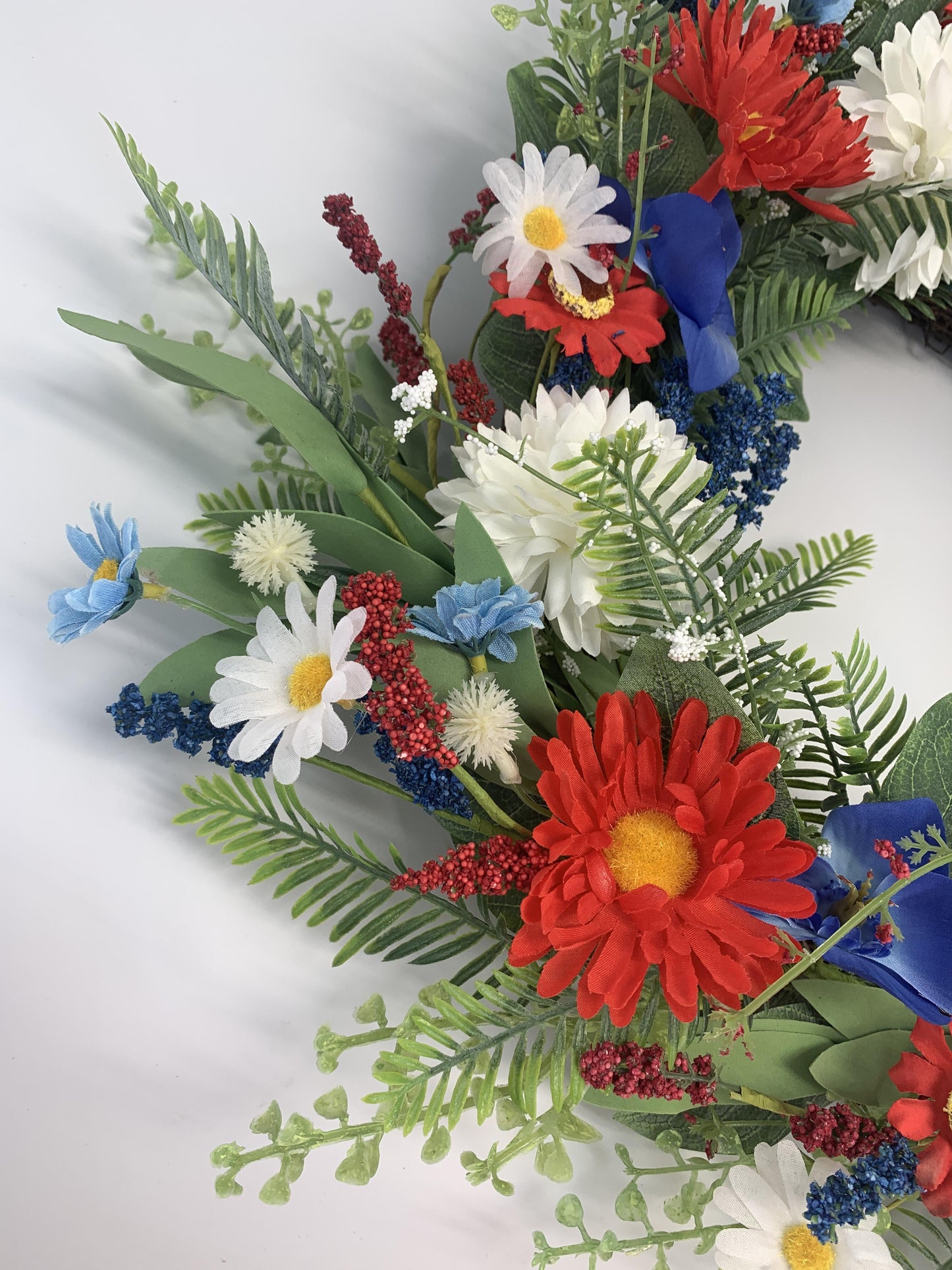18" Artificial Patriotic Red, White, and Blue Floral & Fern Wreath