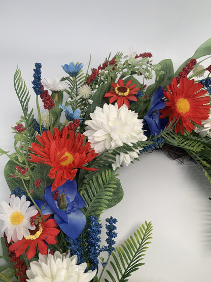 18" Artificial Patriotic Red, White, and Blue Floral & Fern Wreath