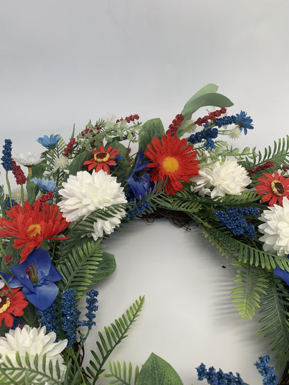 18" Artificial Patriotic Red, White, and Blue Floral & Fern Wreath