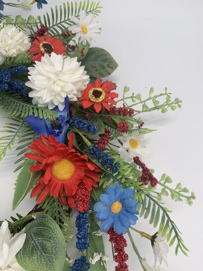 18" Artificial Patriotic Red, White, and Blue Floral & Fern Wreath