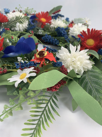 18" Artificial Patriotic Red, White, and Blue Floral & Fern Wreath