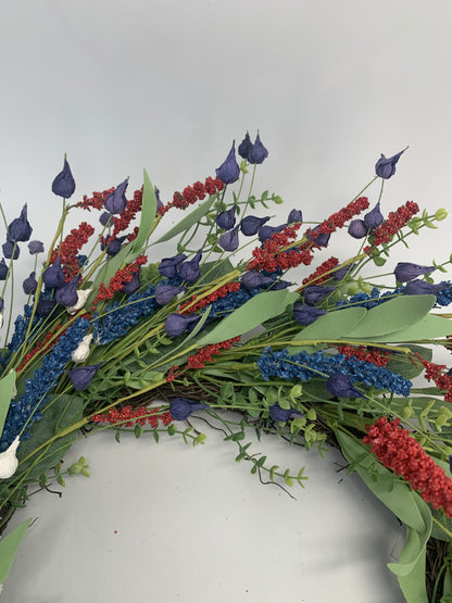 18" Artificial Patriotic Red, White, and Blue Bud & Berry Wreath