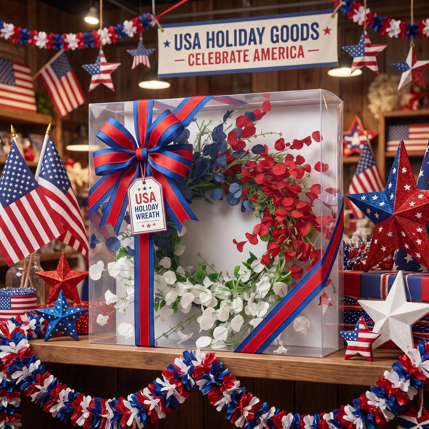 18" Artificial Patriotic Red, White, and Blue Eucalyptus Leaf Wreath