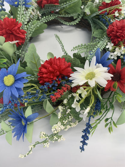 18" Artificial Patriotic Red, White, and Blue Daisy & Dahlia Wreath