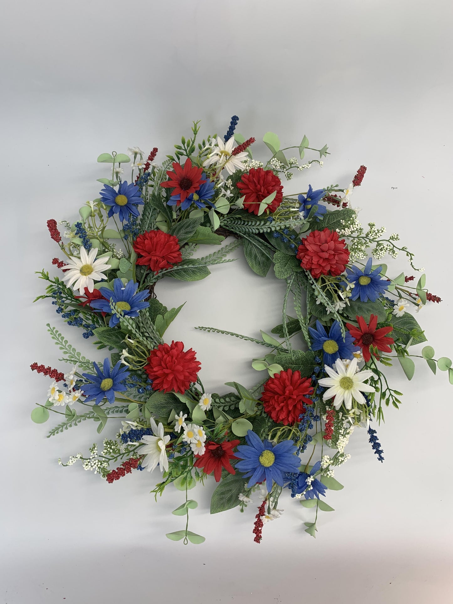 18" Artificial Patriotic Red, White, and Blue Daisy & Dahlia Wreath