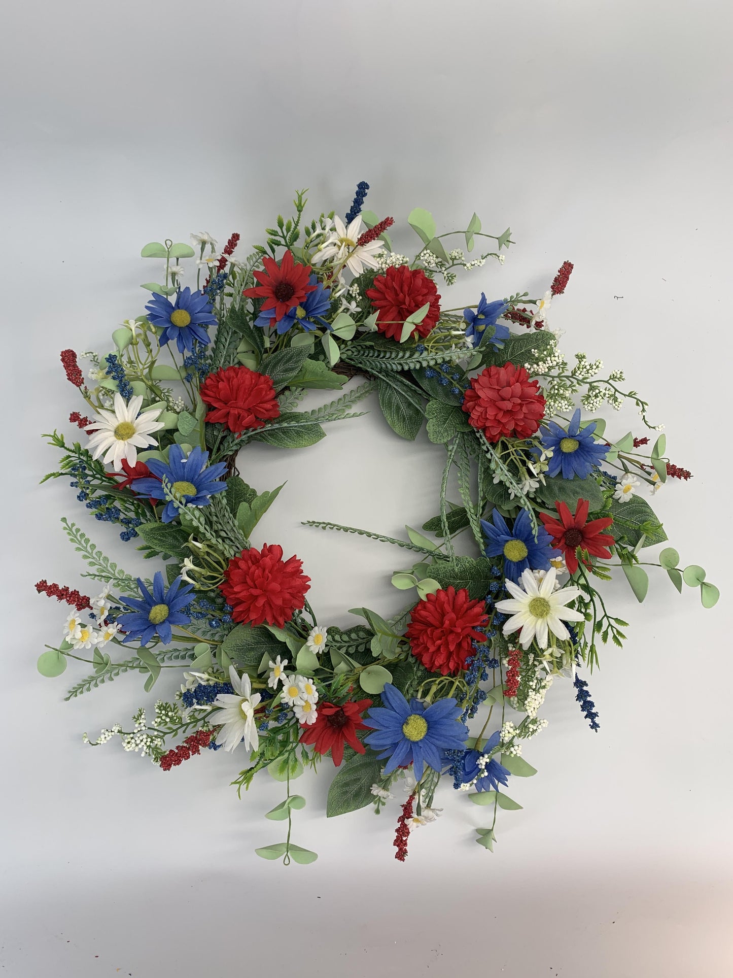 18" Artificial Patriotic Red, White, and Blue Daisy & Dahlia Wreath