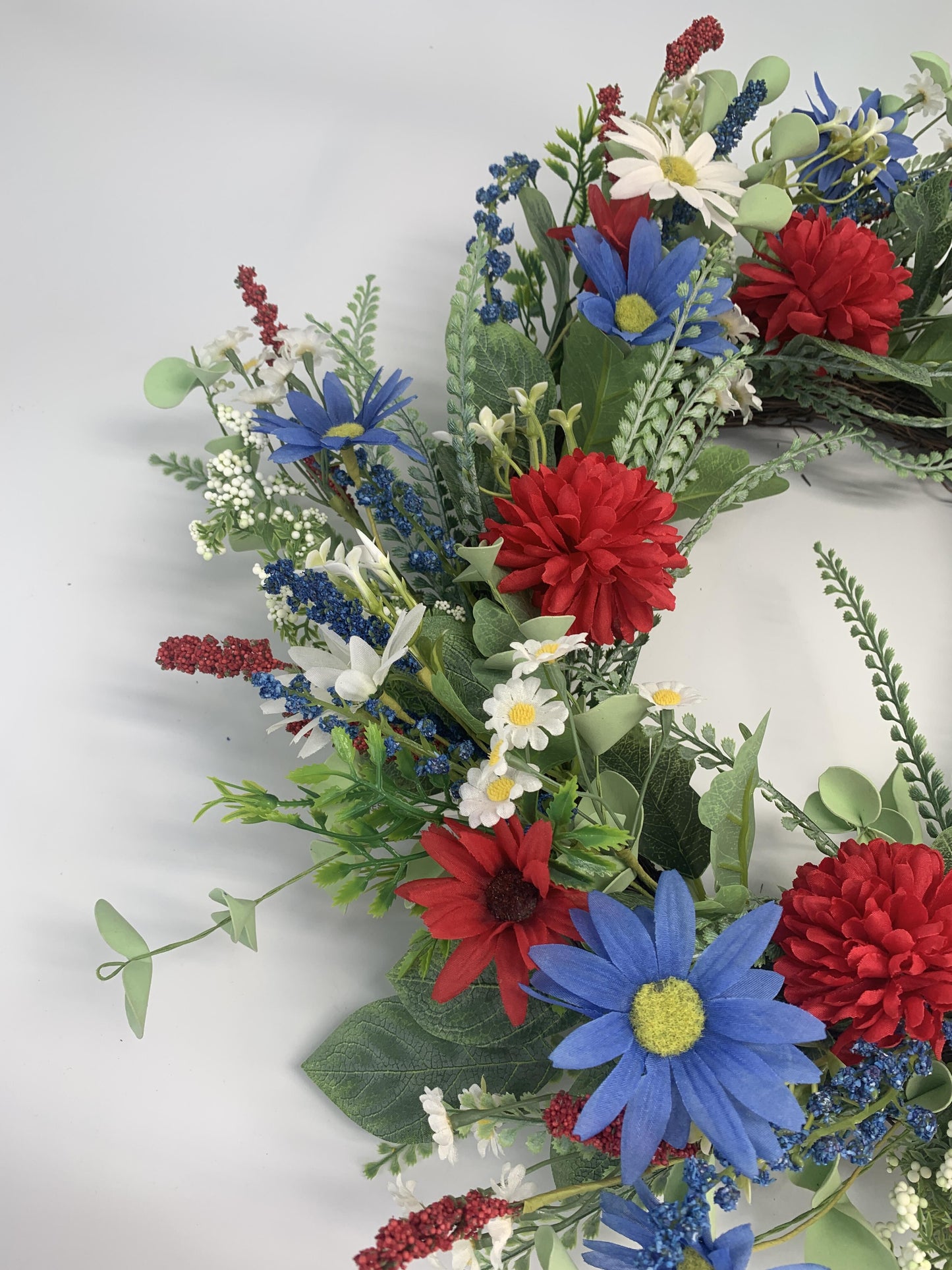 18" Artificial Patriotic Red, White, and Blue Daisy & Dahlia Wreath
