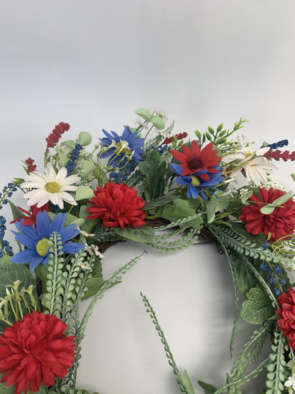 18" Artificial Patriotic Red, White, and Blue Daisy & Dahlia Wreath