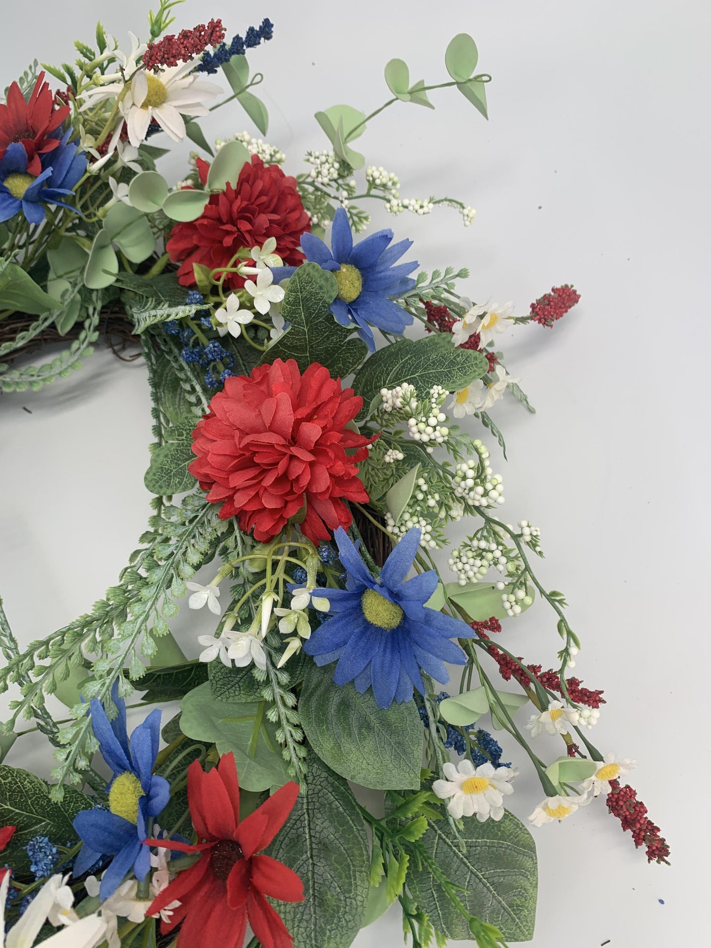 18" Artificial Patriotic Red, White, and Blue Daisy & Dahlia Wreath