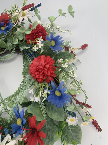 18" Artificial Patriotic Red, White, and Blue Daisy & Dahlia Wreath