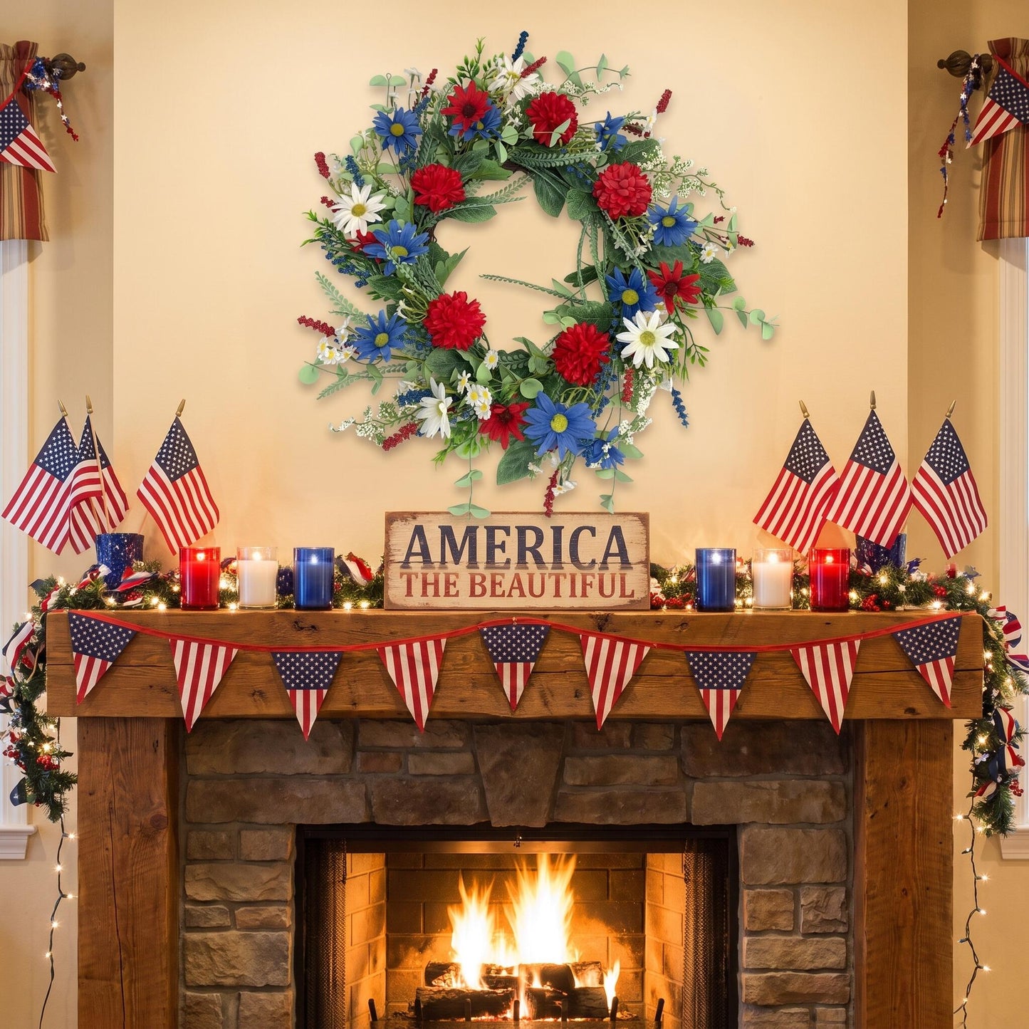 18" Artificial Patriotic Red, White, and Blue Daisy & Dahlia Wreath