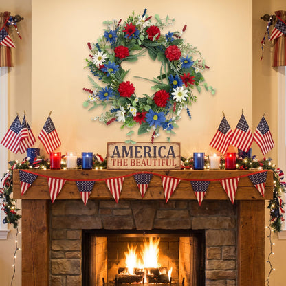 18" Artificial Patriotic Red, White, and Blue Daisy & Dahlia Wreath