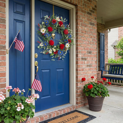 18" Artificial Patriotic Red, White, and Blue Daisy & Dahlia Wreath