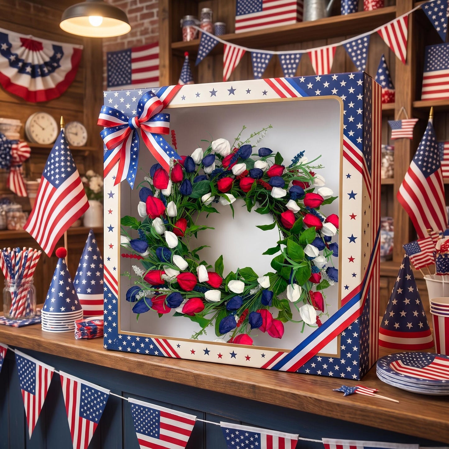 18" Artificial Patriotic Red, White, and Blue Tulip Wreath