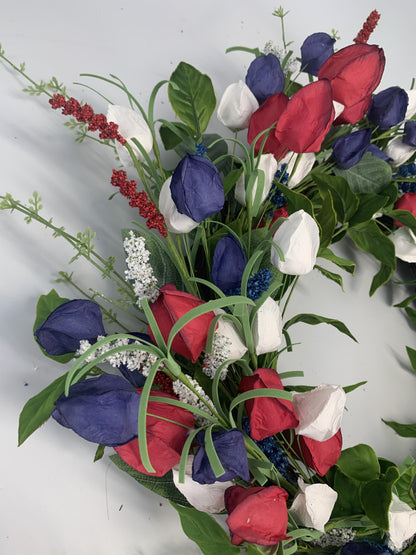 18" Artificial Patriotic Red, White, and Blue Tulip Wreath