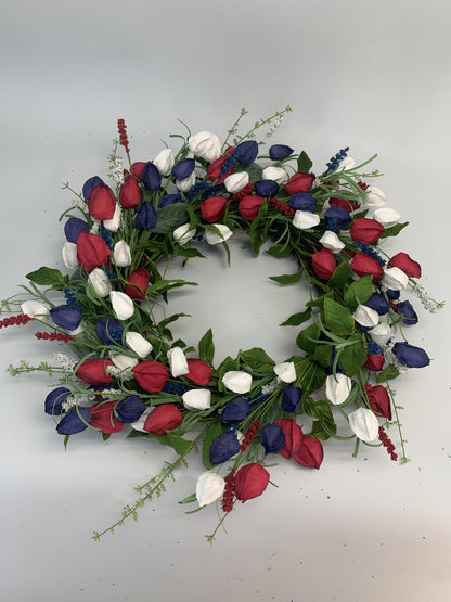 18" Artificial Patriotic Red, White, and Blue Tulip Wreath
