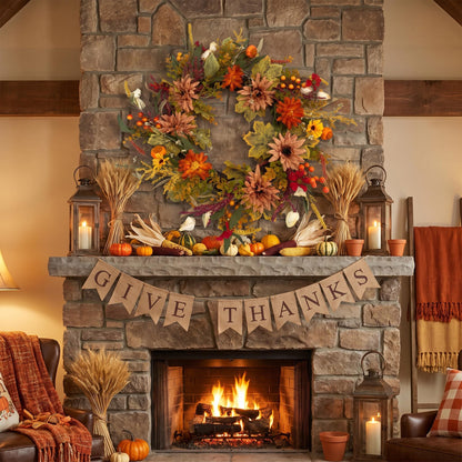 18" Artificial Autumn Wildflower & Pumpkin Harvest Wreath