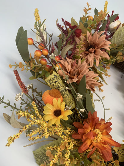 18" Artificial Autumn Wildflower & Pumpkin Harvest Wreath