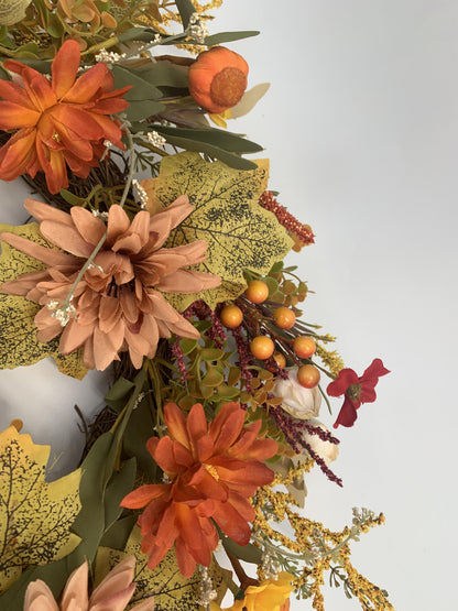18" Artificial Autumn Wildflower & Pumpkin Harvest Wreath