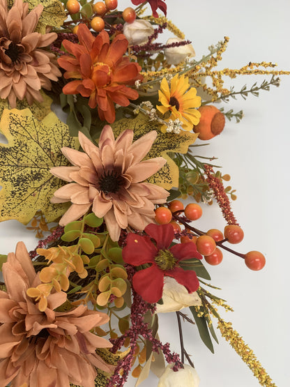 18" Artificial Autumn Wildflower & Pumpkin Harvest Wreath