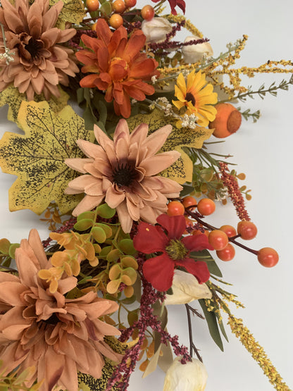 18" Artificial Autumn Wildflower & Pumpkin Harvest Wreath