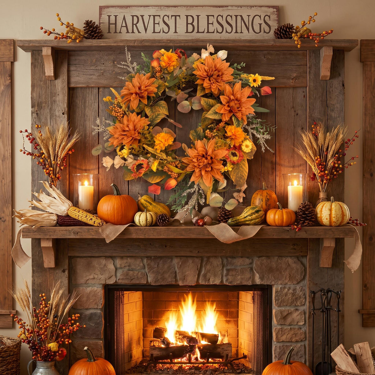 18" Artificial Autumn Golden Dahlia & Harvest Wreath
