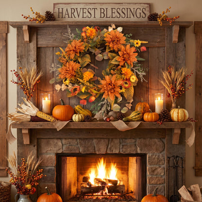 18" Artificial Autumn Golden Dahlia & Harvest Wreath