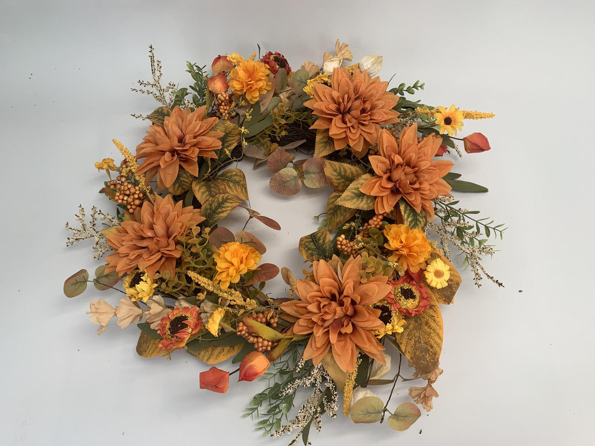 18" Artificial Autumn Golden Dahlia & Harvest Wreath