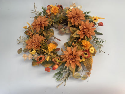 18" Artificial Autumn Golden Dahlia & Harvest Wreath