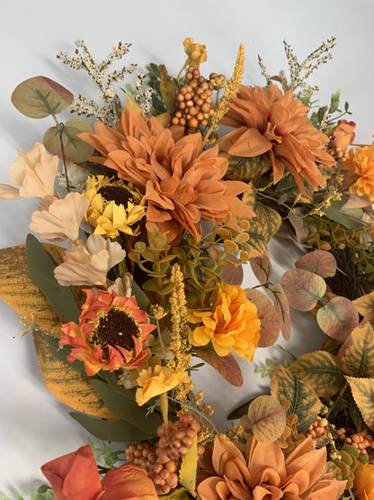 18" Artificial Autumn Golden Dahlia & Harvest Wreath