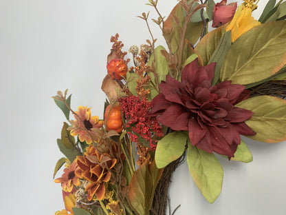 18" Artificial Autumn Dahlia & Pumpkin Harvest Wreath