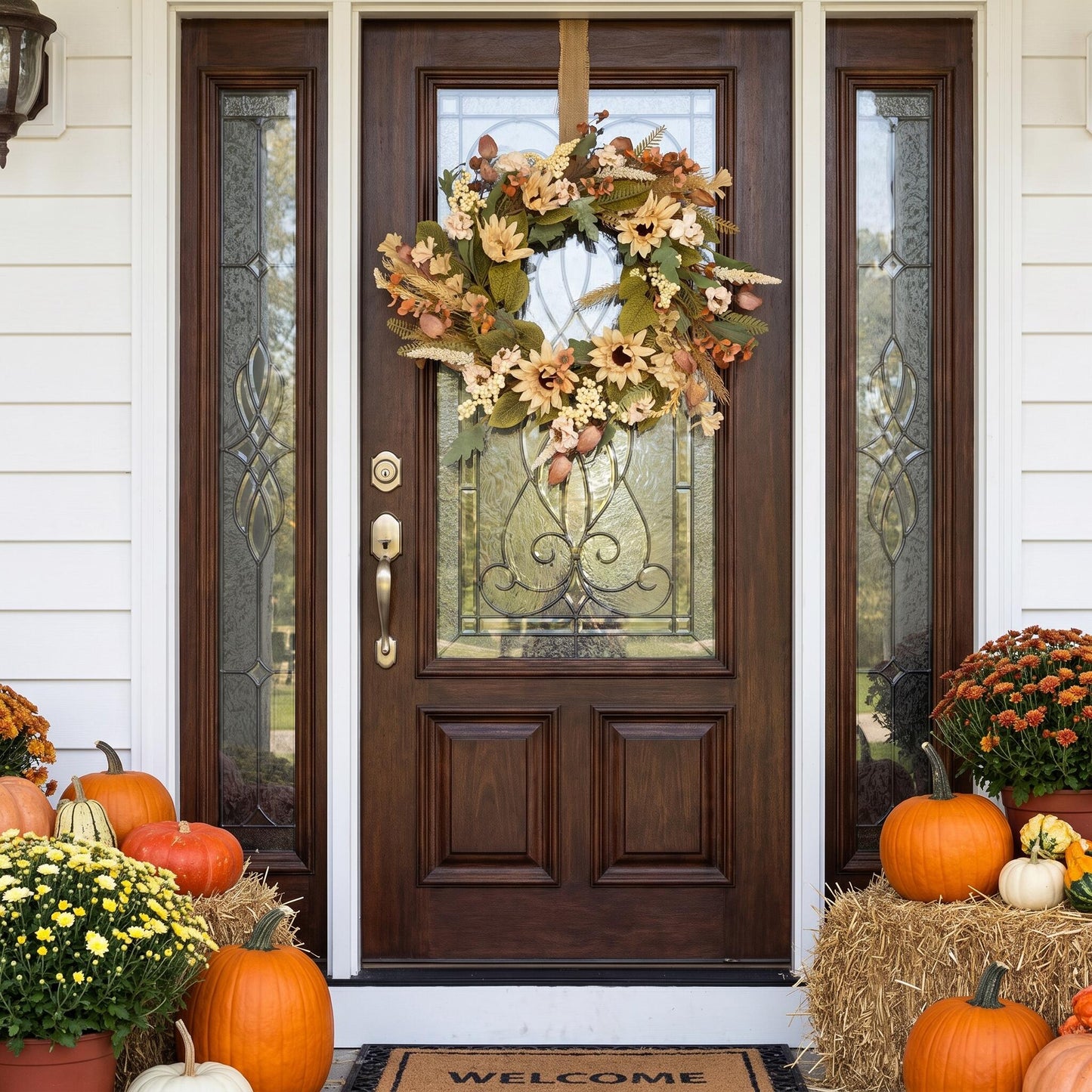 18" Artificial Harvest Sunflower & Cream Berry Wreath