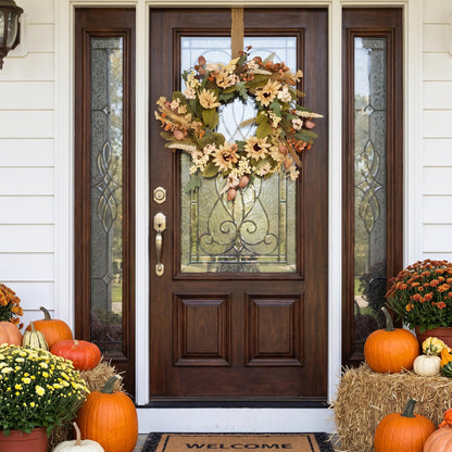 18" Artificial Harvest Sunflower & Cream Berry Wreath