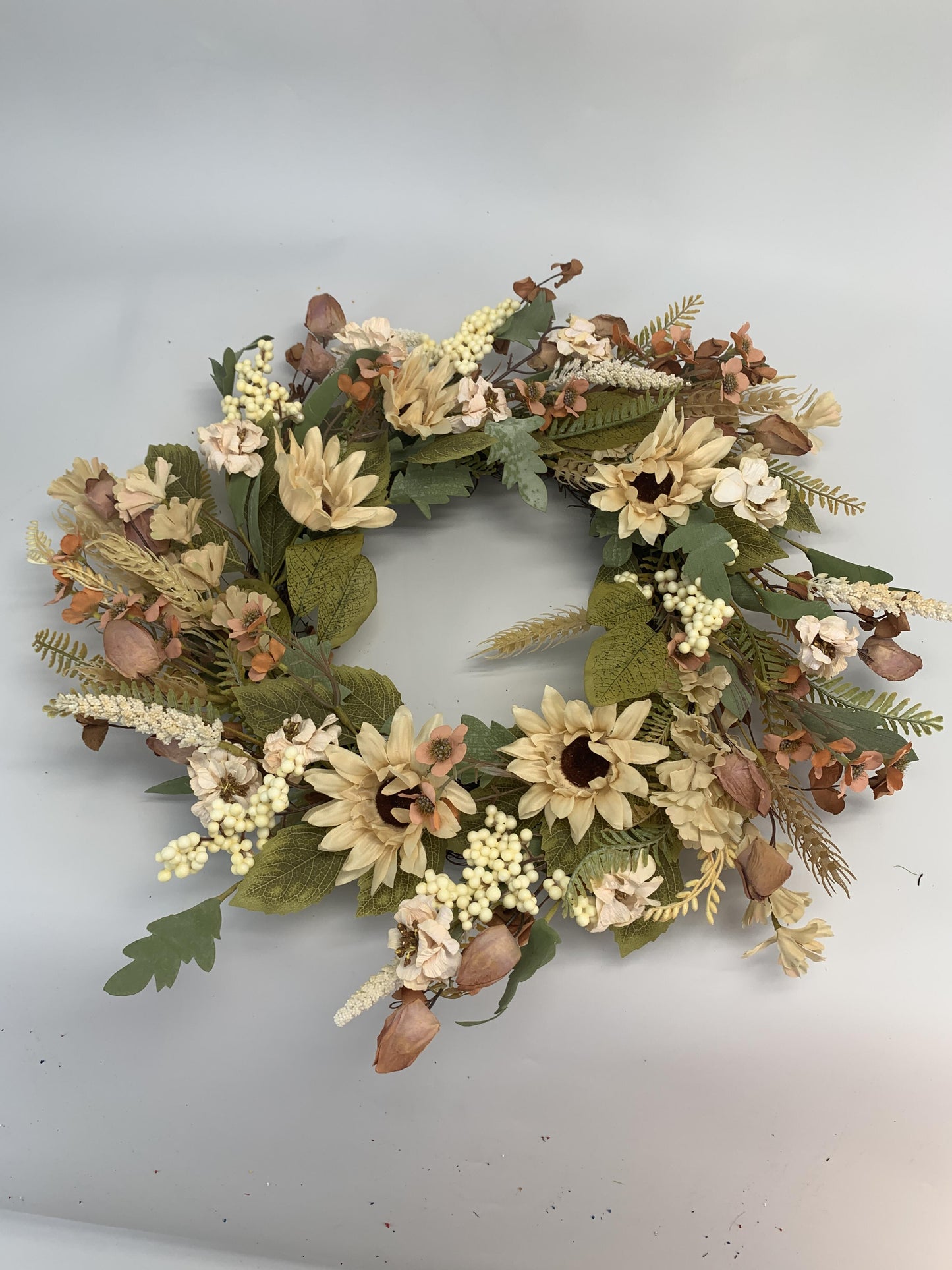 18" Artificial Harvest Sunflower & Cream Berry Wreath