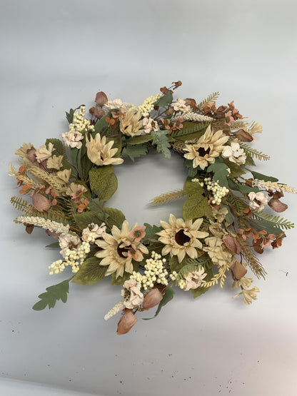 18" Artificial Harvest Sunflower & Cream Berry Wreath