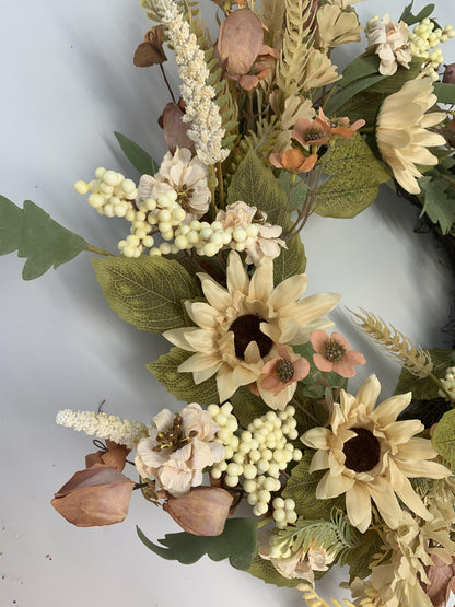 18" Artificial Harvest Sunflower & Cream Berry Wreath