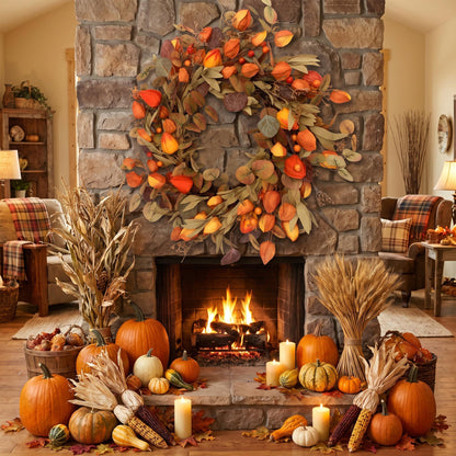 18" Artificial Harvest Lantern Berry & Eucalyptus Wreath