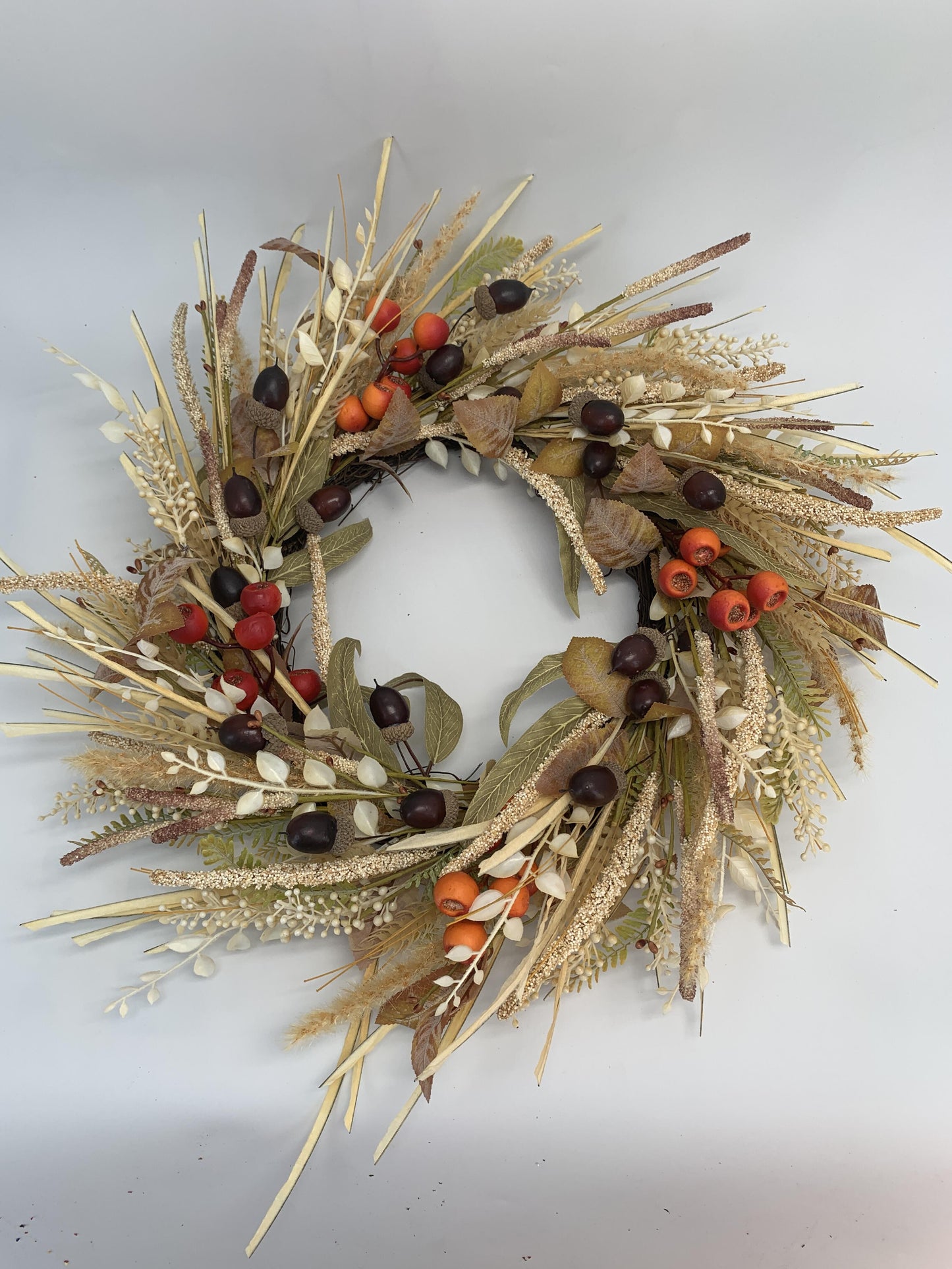 18" Artificial Autumn Acorn, Wheat & Berry Harvest Wreath