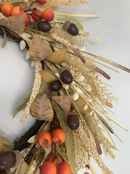 18" Artificial Autumn Acorn, Wheat & Berry Harvest Wreath