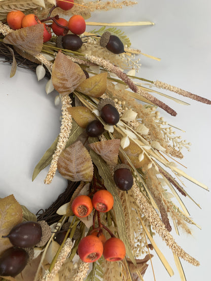 18" Artificial Autumn Acorn, Wheat & Berry Harvest Wreath