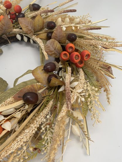 18" Artificial Autumn Acorn, Wheat & Berry Harvest Wreath