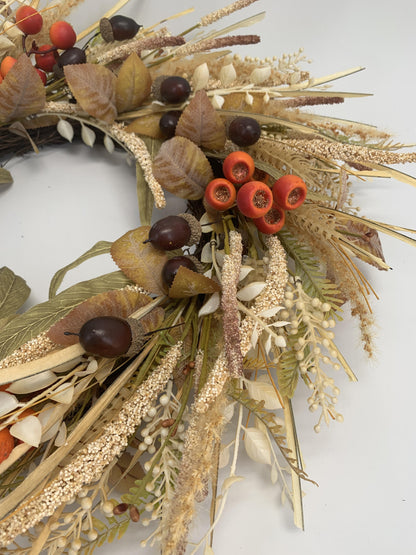 18" Artificial Autumn Acorn, Wheat & Berry Harvest Wreath